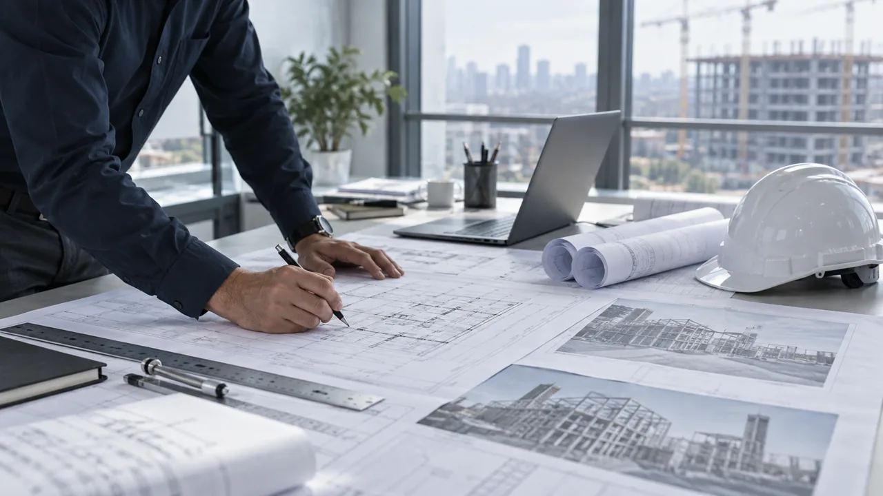 Engineering consultant checking technical drawings at a desk