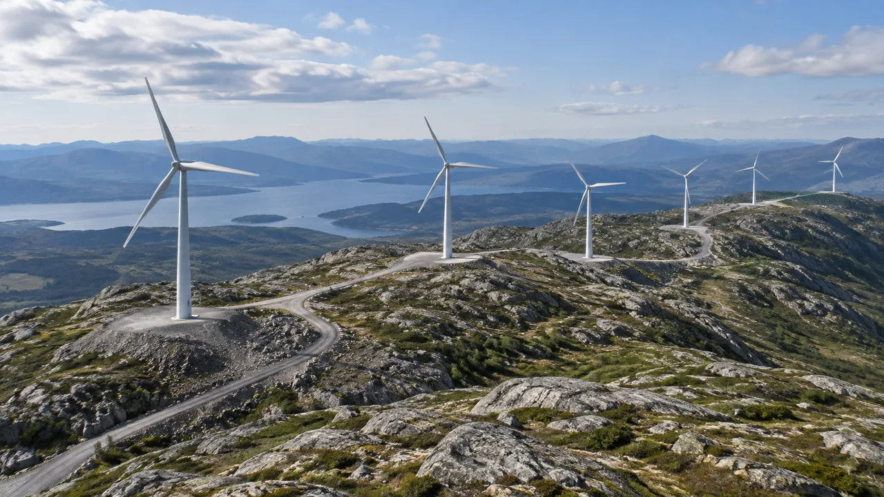 Wind turbines spaced across a broad rocky ridgeline